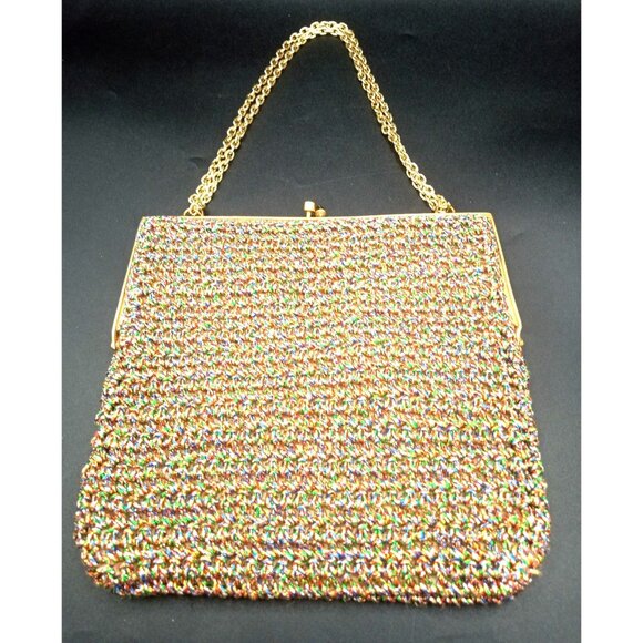 Evening Bag Rainbow Woven Walborg Hong Kong Brass Chain Vintage 60s Clutch Purse - Picture 1 of 16